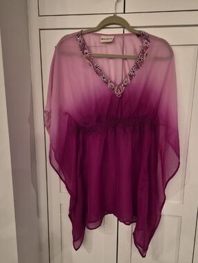 Womens Rhona Sutton Pink to Purple Beaded V-Neck Cover Up Size Small